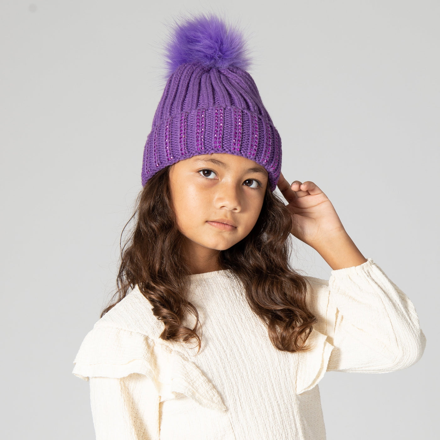 BEANIE - Kids Jeweled Beanie With Faux Fur Pom