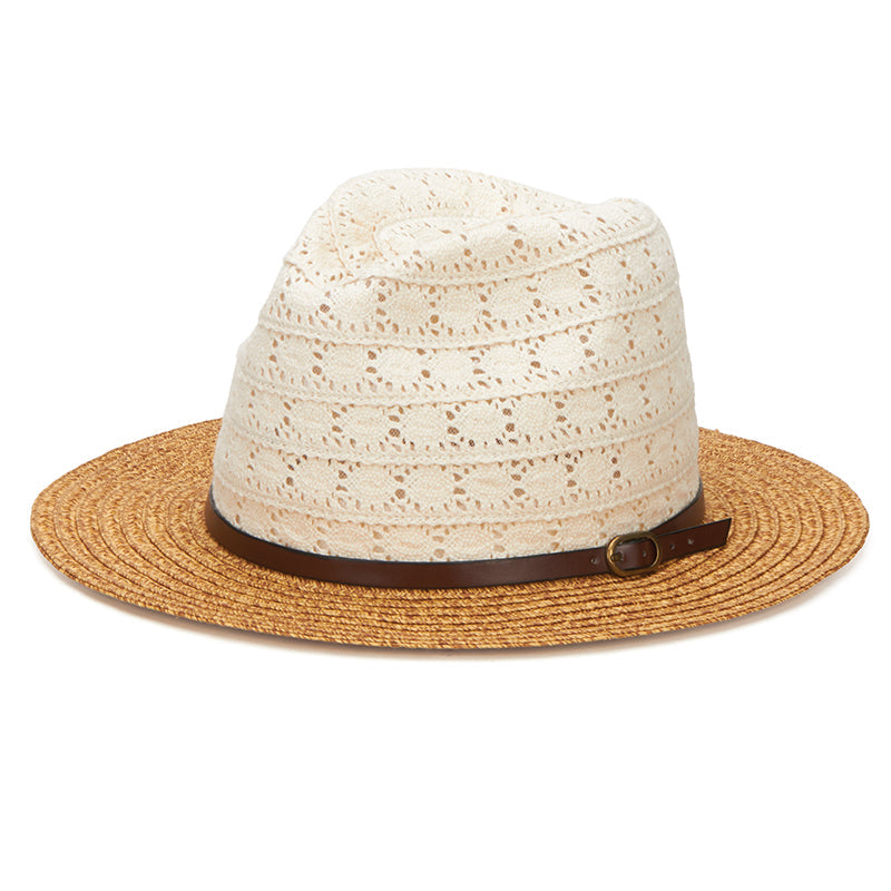 FEDORA - Women's Paperbraid Fedora With Cotton Lace Crown And Faux Leather Belt Band (PBF6164)