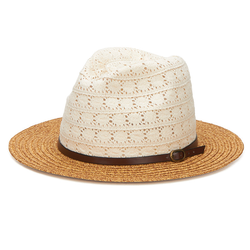 FEDORA - Women's Paperbraid Fedora With Cotton Lace Crown And Faux Leather Belt Band (PBF6164)