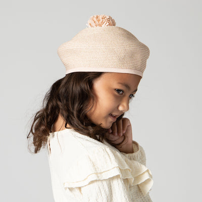 BERET - Kid Paper Braid Beret W/ Straw Pom Pom