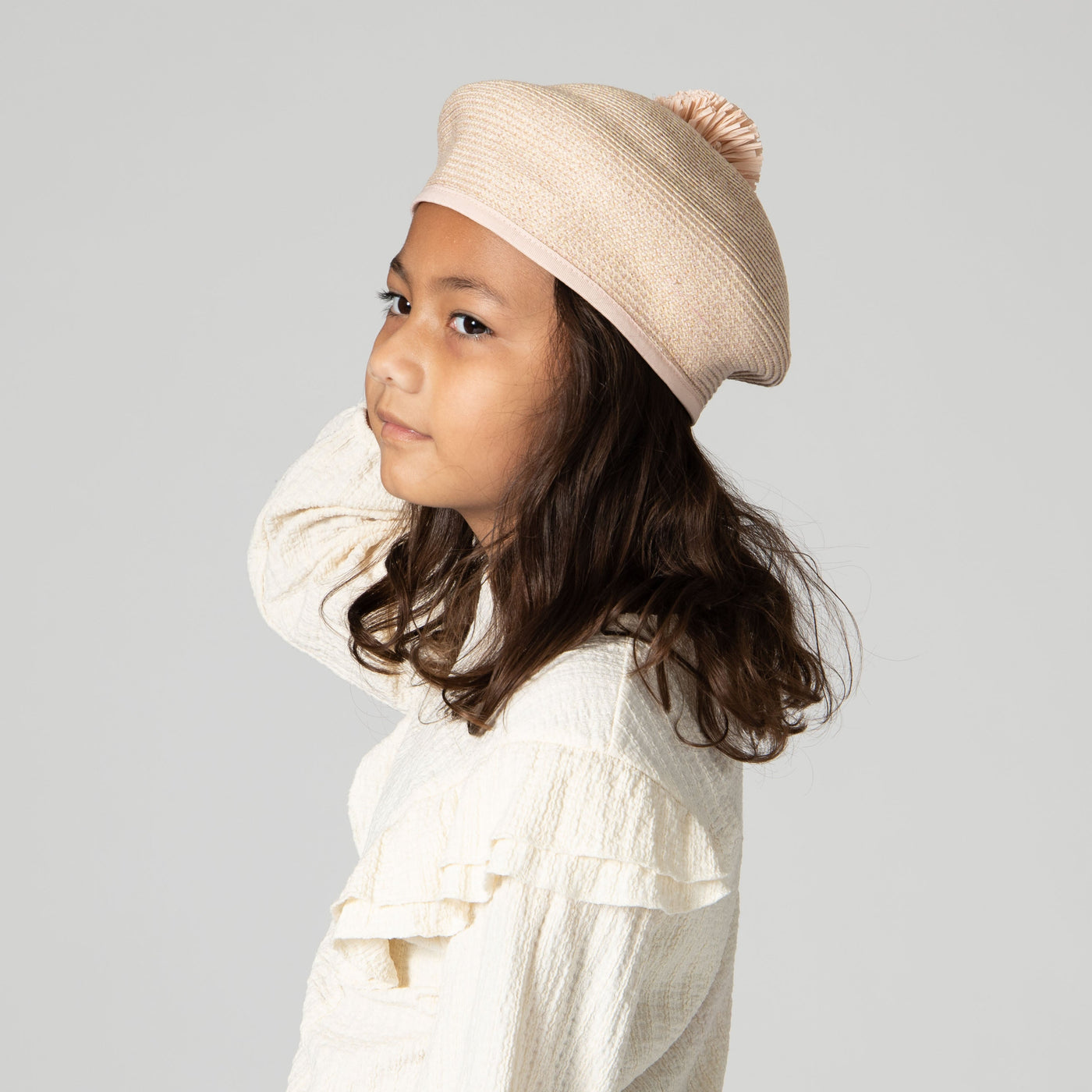 BERET - Kid Paper Braid Beret W/ Straw Pom Pom