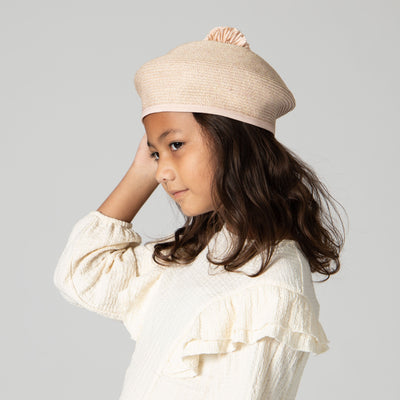 BERET - Kid Paper Braid Beret W/ Straw Pom Pom