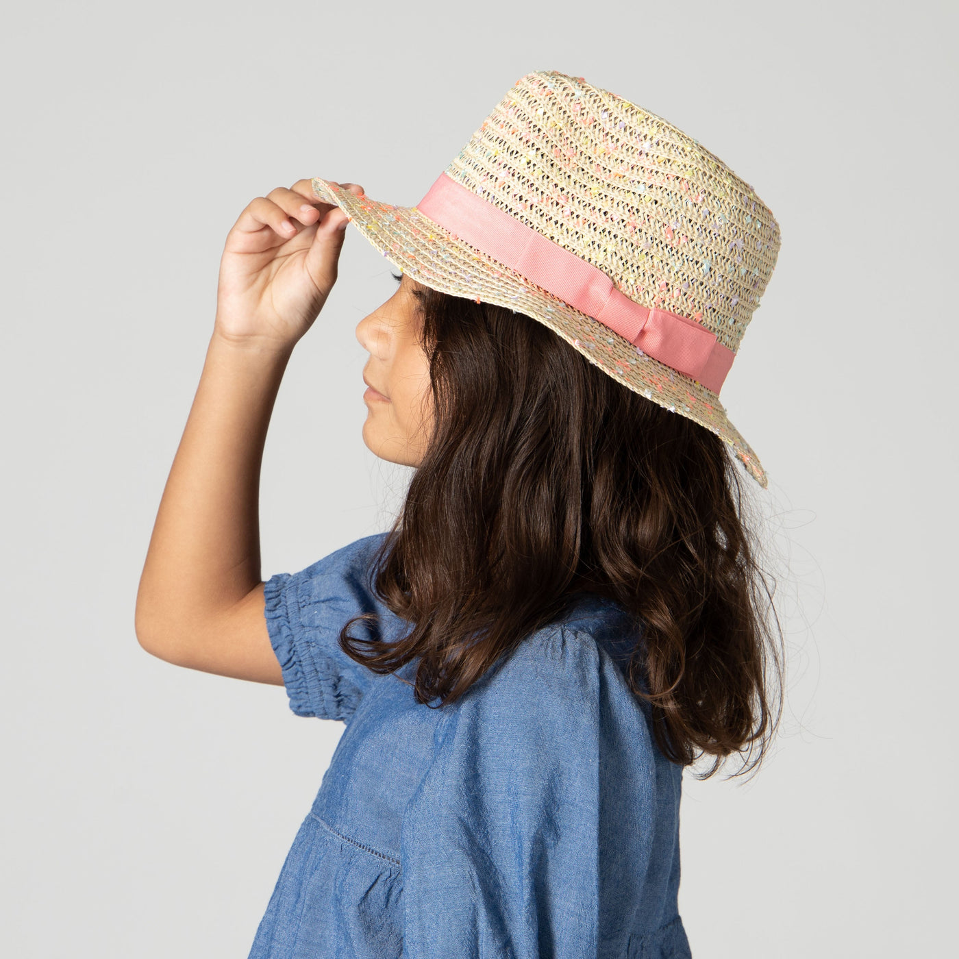 FEDORA - 5-7 Yr Kid's Paperbraid Multi-color Fedora With Blush Band/Bow