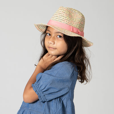 FEDORA - 5-7 Yr Kid's Paperbraid Multi-color Fedora With Blush Band/Bow