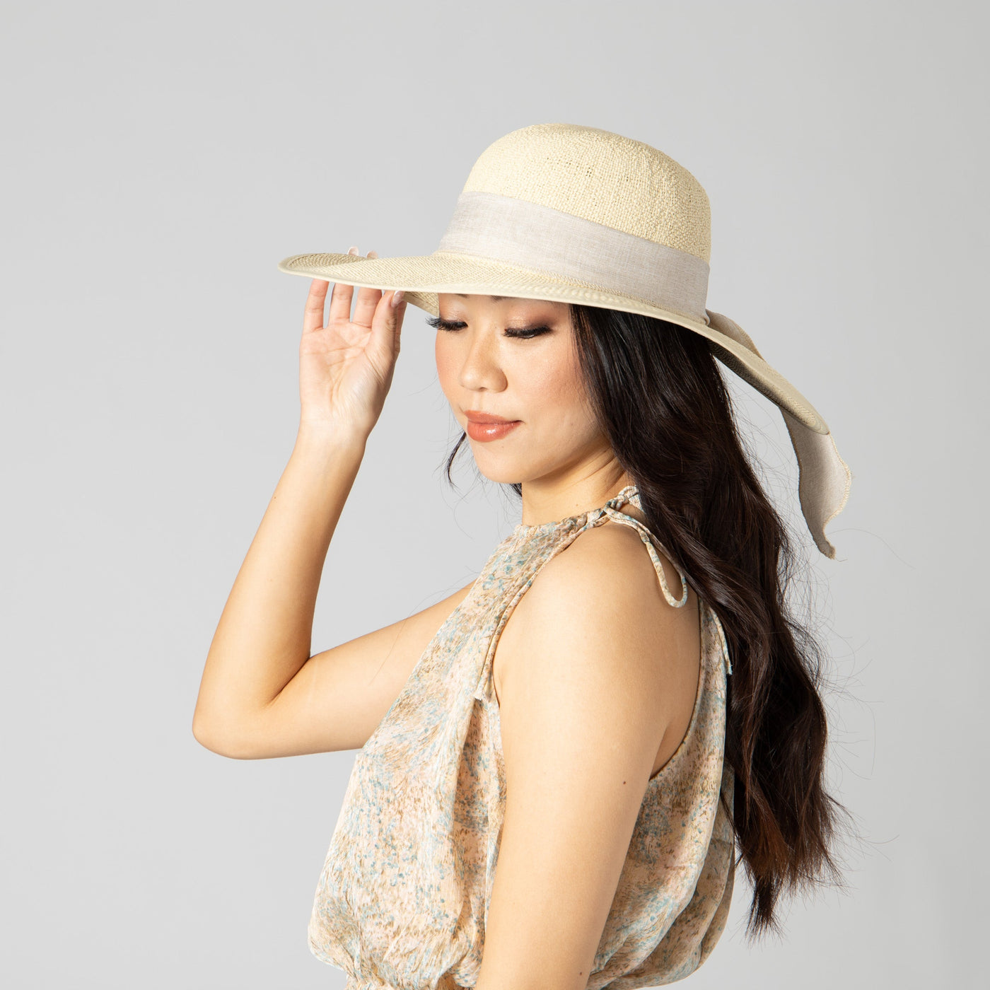 SUN BRIM - Women's Woven Paper Face Saver W/ Scarf Tie