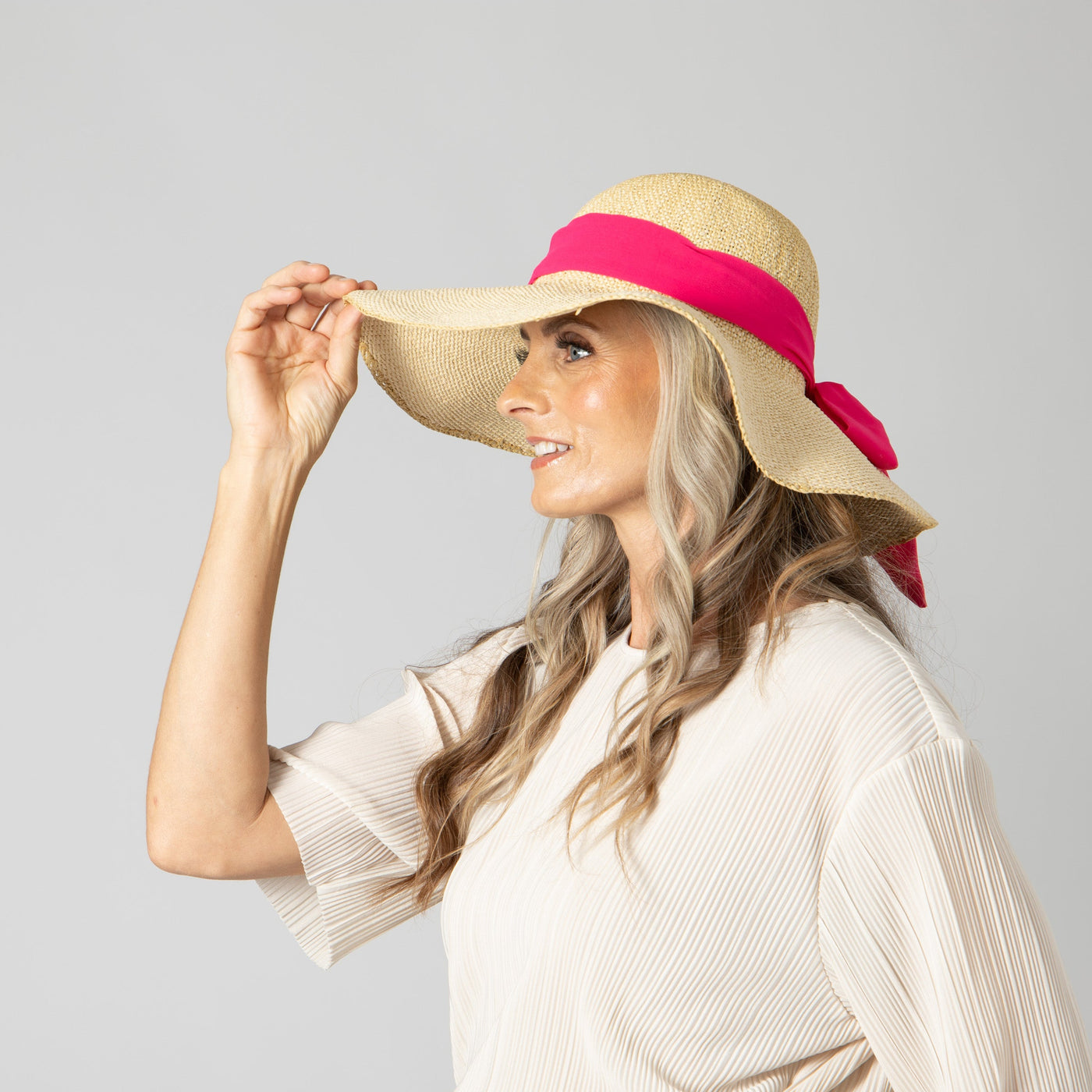 SUN BRIM - Women's Woven Paper Floppy W/ Scarf Bow Trim (PBL3096)