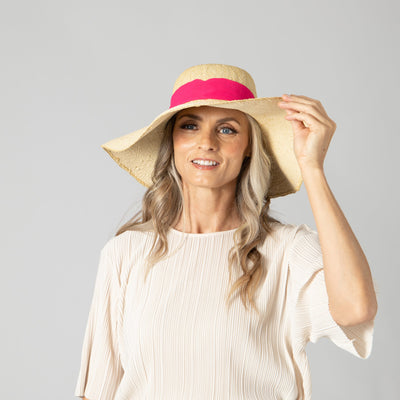 SUN BRIM - Women's Woven Paper Floppy W/ Scarf Bow Trim (PBL3096)