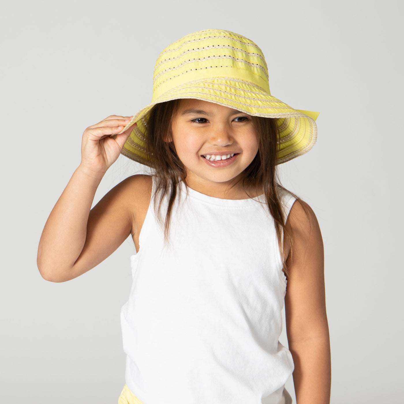 BUCKET - Kids Ribbon And Paper Straw Bucket Hat With Ribbon Bow Detail