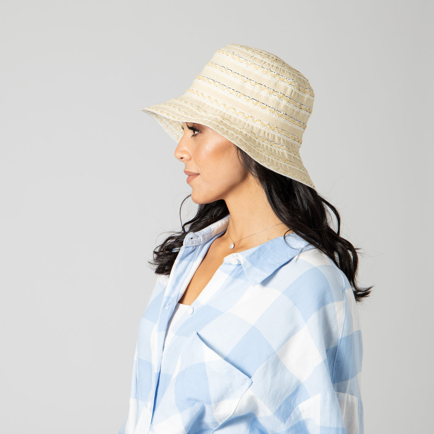 BUCKET - Women's Ribbon Sun Hat With Mixed Zig Zag Straw