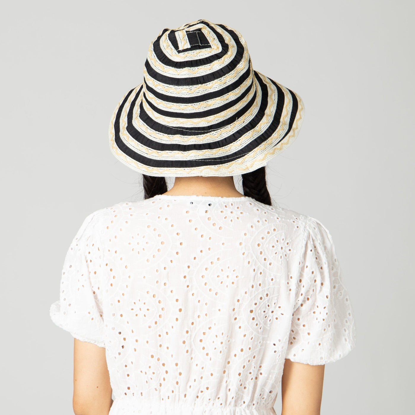 BUCKET - Women's Ribbon Sun Hat With Mixed Zig Zag Straw