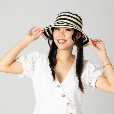 BUCKET - Women's Ribbon Sun Hat With Mixed Zig Zag Straw