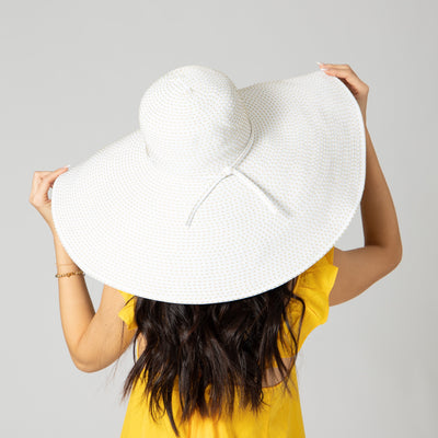 SUN BRIM - Women's Wide Brim Ribbon Floppy Hat With Ticking Fabric