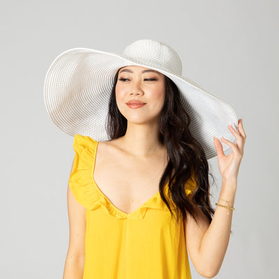 SUN BRIM - Women's Wide Brim Ribbon Floppy Hat With Ticking Fabric