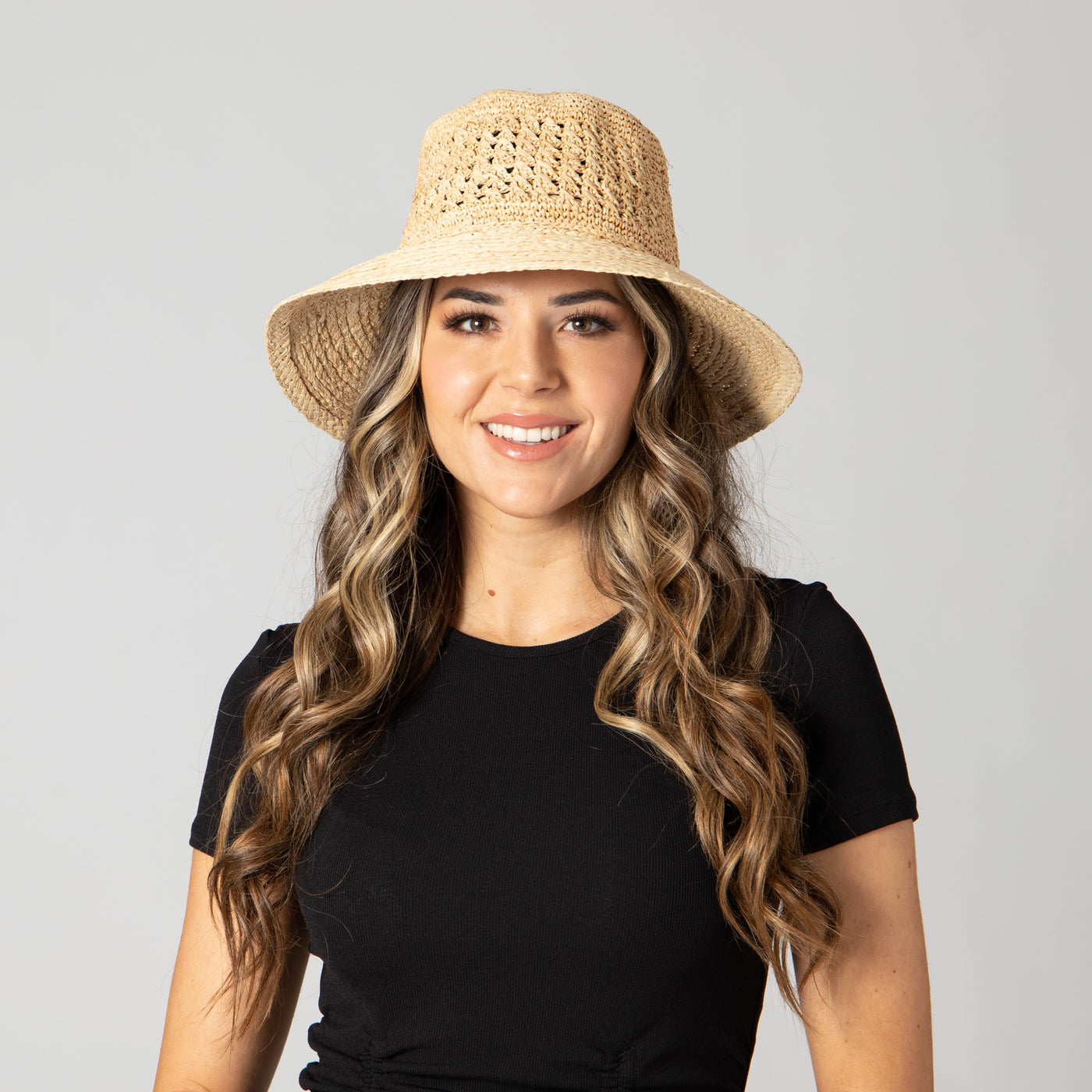 BUCKET - Women's Raffia Sun Hat With Hand Crochet Ventilated Crown