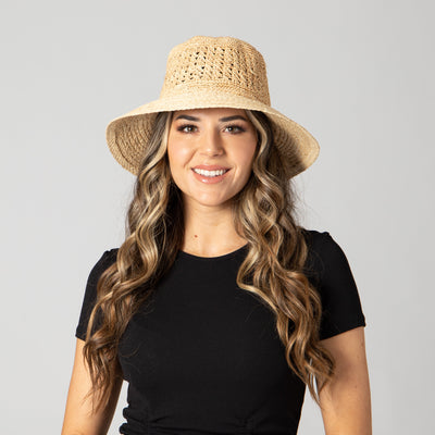 BUCKET - Women's Raffia Sun Hat With Hand Crochet Ventilated Crown