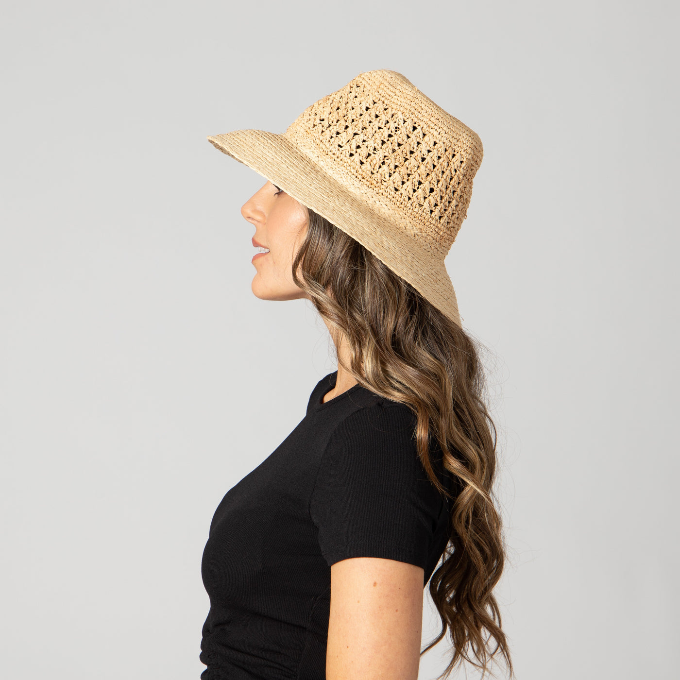 BUCKET - Women's Raffia Sun Hat With Hand Crochet Ventilated Crown