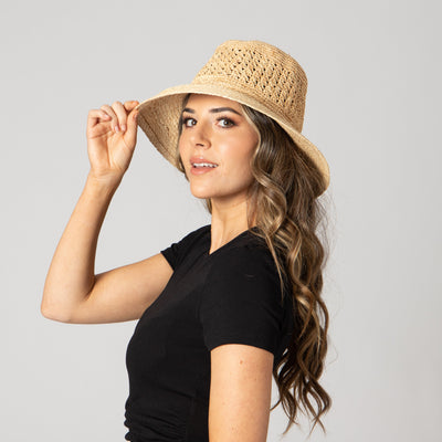 BUCKET - Women's Raffia Sun Hat With Hand Crochet Ventilated Crown
