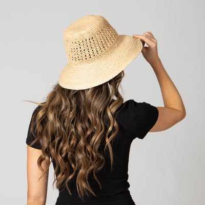 BUCKET - Women's Raffia Sun Hat With Hand Crochet Ventilated Crown