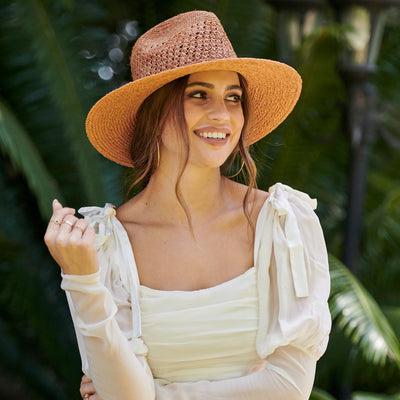 Women's Mixed Raffia Fedora with Hand Crochet Crown.