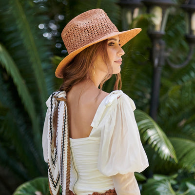 Women's Mixed Raffia Fedora with Hand Crochet Crown.