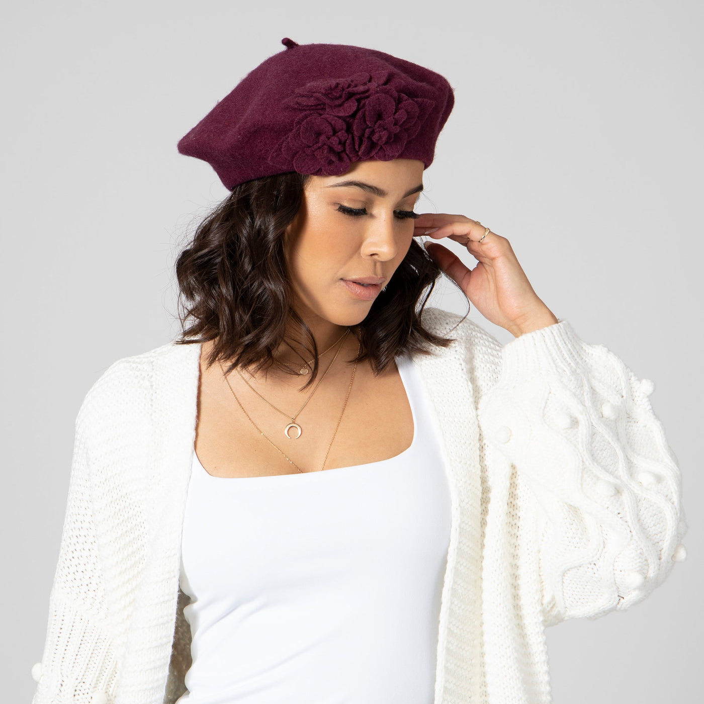 BERET - Womens Wool Beret With Flowers-One Size