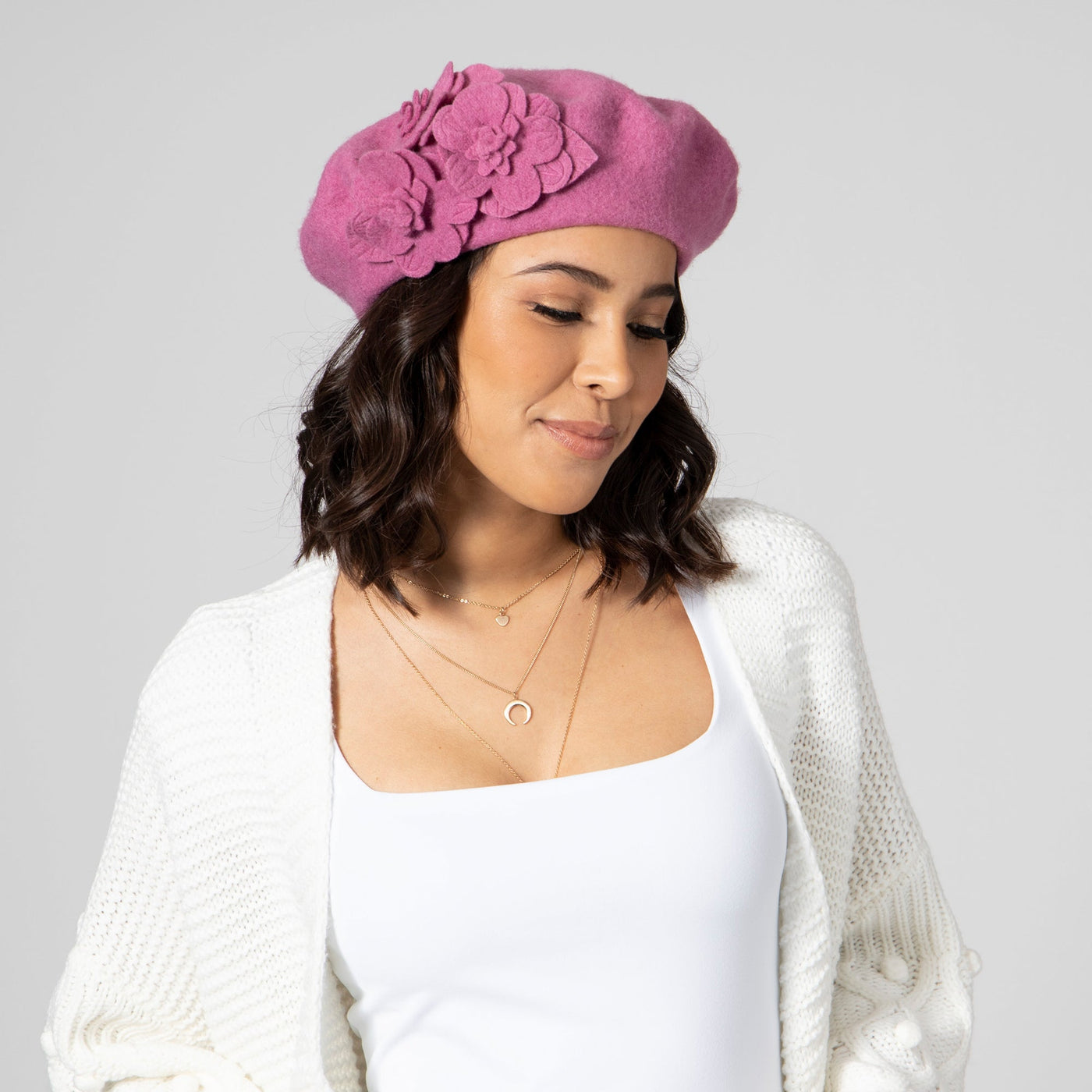 BERET - Womens Wool Beret With Flowers-One Size