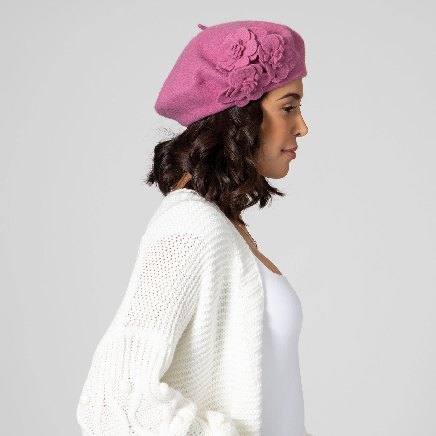 BERET - Womens Wool Beret With Flowers-One Size