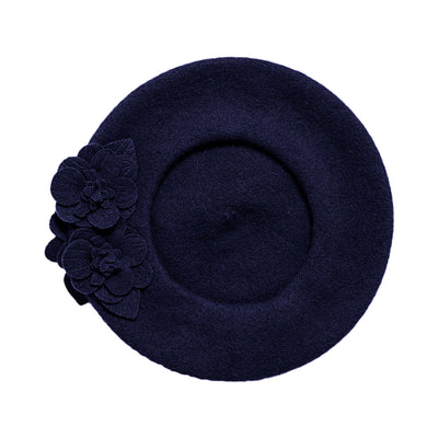 BERET - Womens Wool Beret With Flowers-One Size