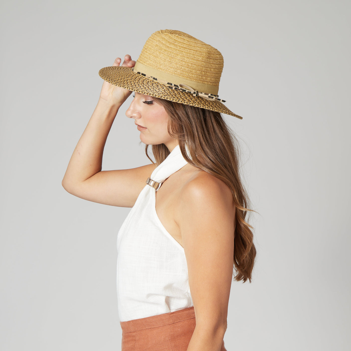 FEDORA - Women's Colorblock Fedora With Band & Faux Leather Bow Band