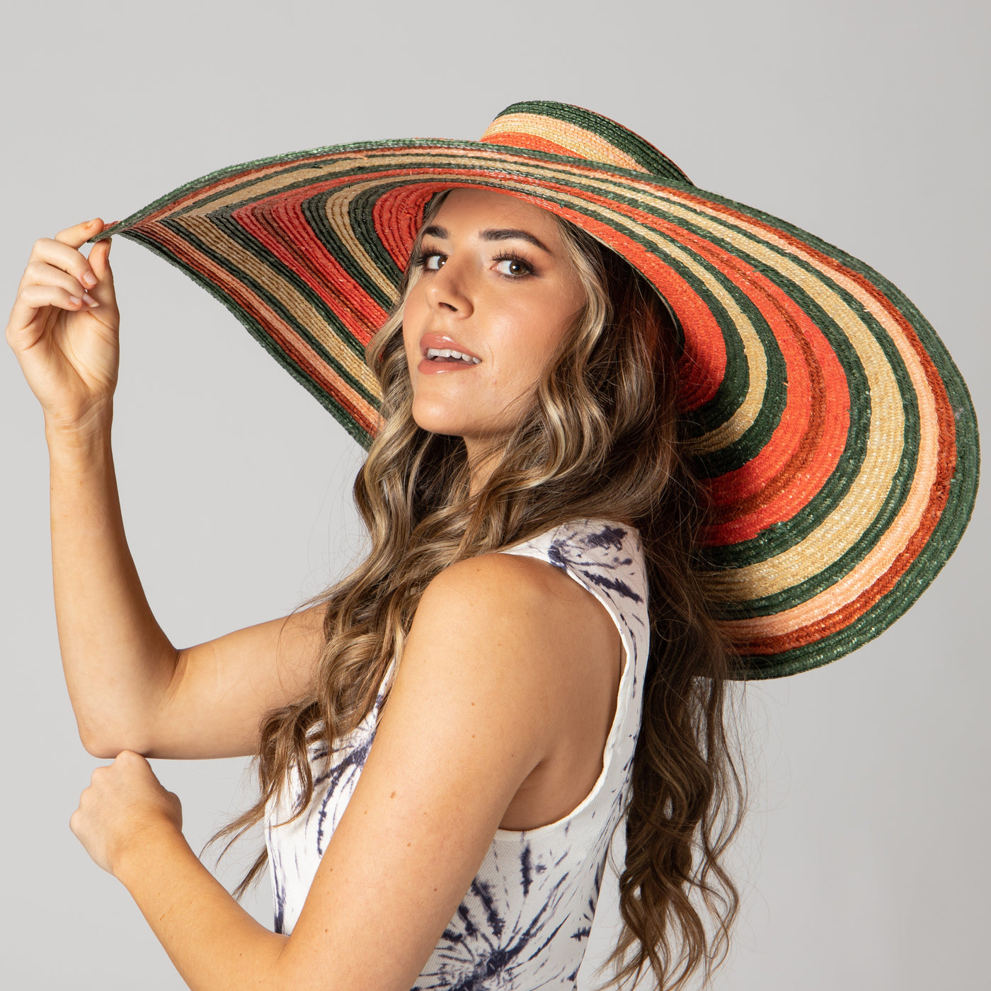 SUN BRIM - Women's Wheat Straw Stripe Wide Brim Sun Hat