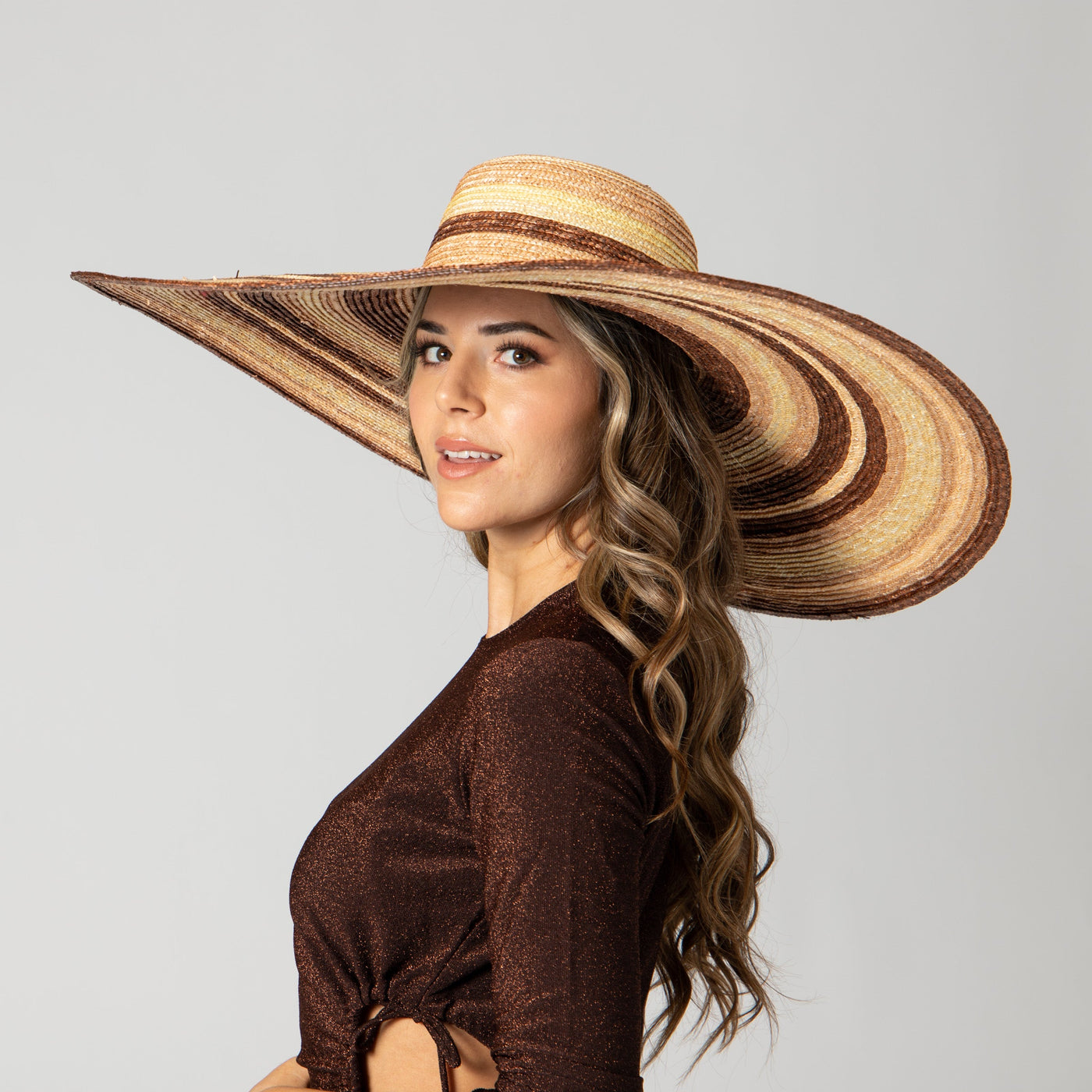 SUN BRIM - Women's Wheat Straw Stripe Wide Brim Sun Hat