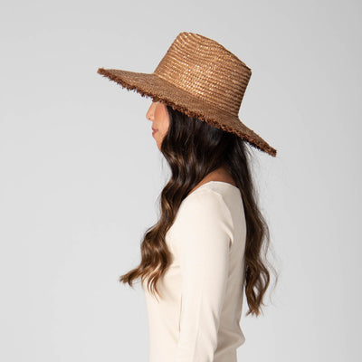 No Retouch - Wheat Straw Fedora With Frayed Raffia Trim