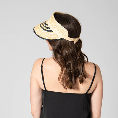 VISOR - Weekend Getaway - Women's Textured Wheat Straw Visor With Stripe & Velcro Back