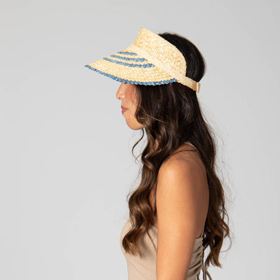 VISOR - Weekend Getaway - Women's Textured Wheat Straw Visor With Stripe & Velcro Back