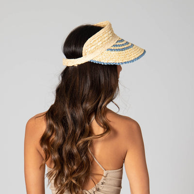 VISOR - Weekend Getaway - Women's Textured Wheat Straw Visor With Stripe & Velcro Back