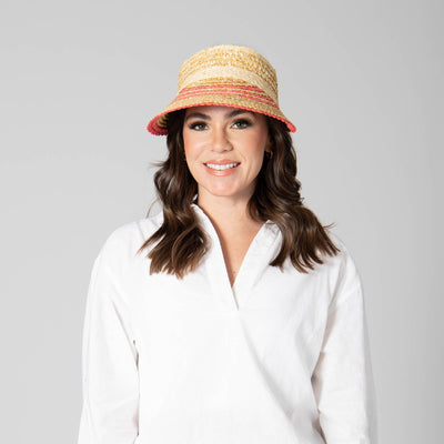 VISOR - Weekend Getaway - Women's Textured Wheat Straw Visor With Stripe & Velcro Back