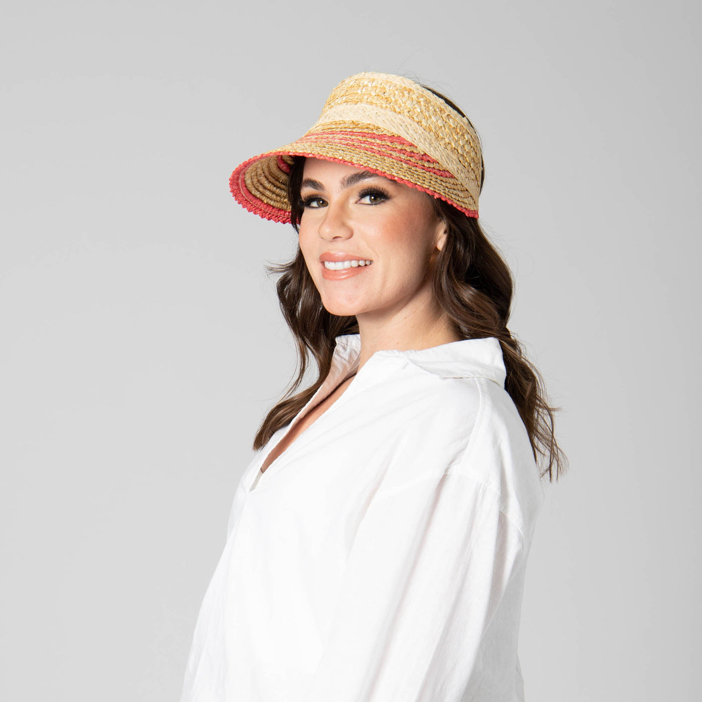 VISOR - Weekend Getaway - Women's Textured Wheat Straw Visor With Stripe & Velcro Back