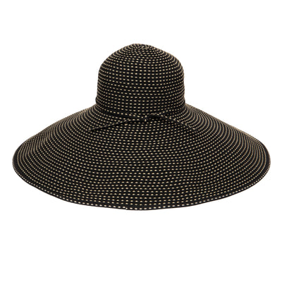 SUN BRIM - Women's Wide Brim Ribbon Floppy Hat With Ticking Fabric