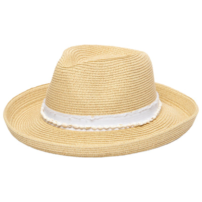 FEDORA - Women's Kettle Brim Fedora With Frayed Band & Shell Trim