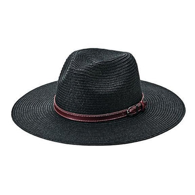 Women's black fedora with faux leather band and buckle (PBF7339)